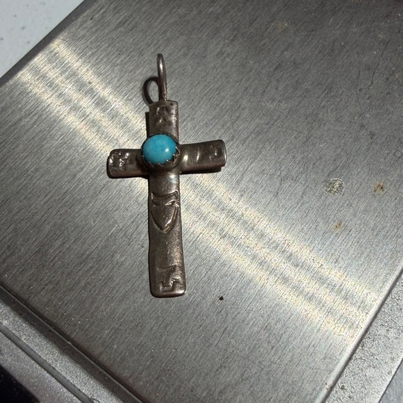 Stamped Native American Sterling Silver Cross Pendant with Turquoise Accent (2) - Picture 7 of 8